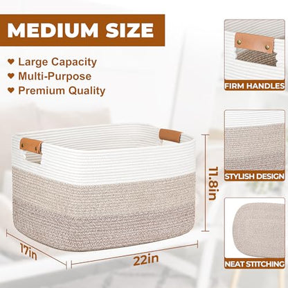 Blanket Basket, 72L Woven Storage basket with Leather Handle, Eco-friendly Decorative Storage Organization in Bathroom & Living Room for Towels 22 ''*17 ''*11.8 '', Gradient Brown