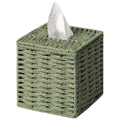 Sage Green Tissue Box Cover, Paper Rope Hand Woven Square Tissue Box Holder for Home Decor, Bathroom Countertop, Office, Bedside Table