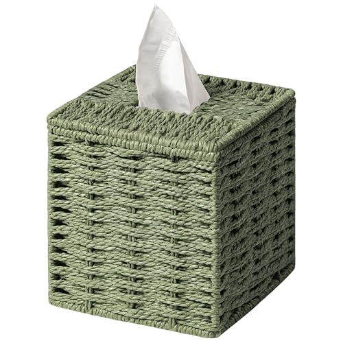 Sage Green Tissue Box Cover, Paper Rope Hand Woven Square Tissue Box Holder for Home Decor, Bathroom Countertop, Office, Bedside Table