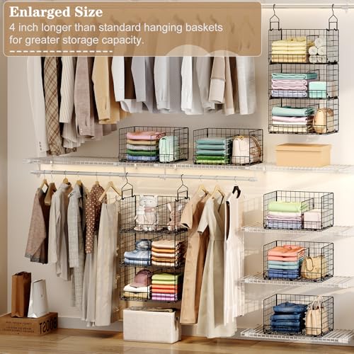3-Tier Extra Large Closet Hanging Organizer with Dividers, Clothes Hanging Shelves with 2 Hanging Hooks & 5 S-Hooks, Wire Storage Baskets for Sweaters, Shoes, Handbags & Accessories