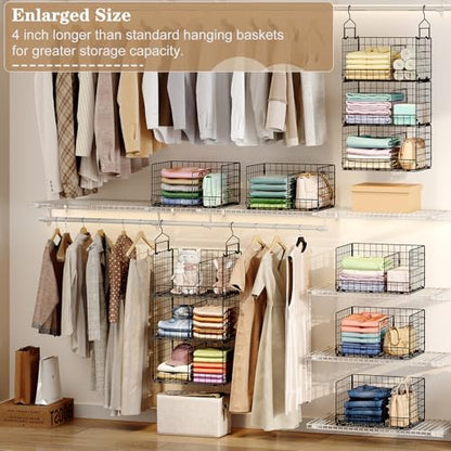 3-Tier Extra Large Closet Hanging Organizer with Dividers, Clothes Hanging Shelves with 2 Hanging Hooks & 5 S-Hooks, Wire Storage Baskets for Sweaters, Shoes, Handbags & Accessories