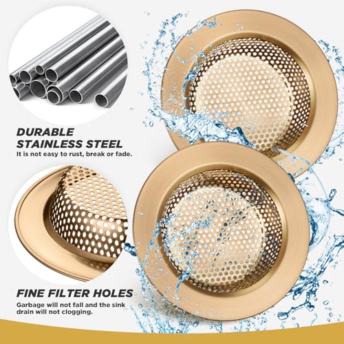 2 Pcs Sink Strainer Stainless Steel Kitchen Sink Drain Strainer Basket Cover Mesh Hair Food Catcher, Large Wide Rim of 4.4 Diameter (Champagne Bronze)