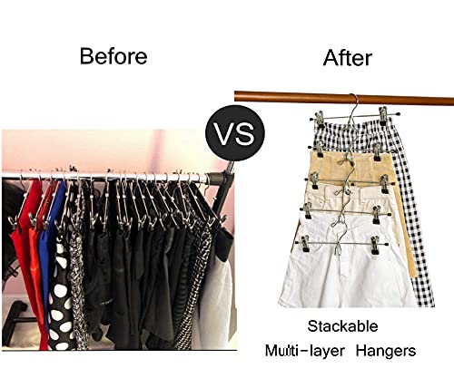 Amber Home 12 Pack Heavy Duty Add on Metal Pants Skirt Hangers with Clips | Stackable Add-on Metal Clothes Hangers with 2-Adjustable Clips, Cascading Clip Hangers Space Saving for Jeans, Slacks