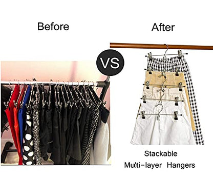 Amber Home 12 Pack Heavy Duty Add on Metal Pants Skirt Hangers with Clips | Stackable Add-on Metal Clothes Hangers with 2-Adjustable Clips, Cascading Clip Hangers Space Saving for Jeans, Slacks