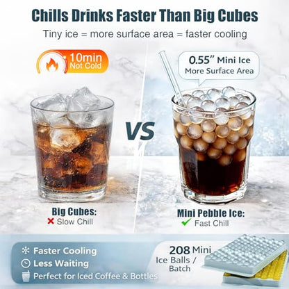 Mini Ice Cube Trays for Freezer with Lid, 0.55" Pebble Ice | 2 Trays-Blue, with Ice Box & Scoop. for Iced Coffee, Bottles, Juice & Everyday Drinks, Easy Twist Release, Stackable