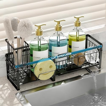Extra Large Extendable Sponge Holder for Kitchen Sink Caddy Organizer | Rustproof Sink Caddy Organizer with High Brush Holder, Dish Soap Dispenser Organizers and Storage (Black)
