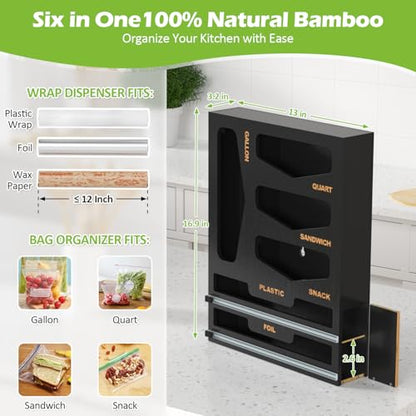 6 in 1 Bag Organizer and Wrap Dispenser with Magnetic Lid - Plastic Wrap Dispenser with Cutter for Kitchen Drawer, Storage for Gallon, Quart, Sandwich, Snack Bags, and Foil Black