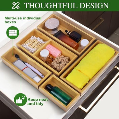 Bamboo Drawer Organizer Set, Individual Wood Storage Organizers | 5 PCS Multi-Use Junk Drawer Divider, Storage Trays Containers for Kitchen, Bathroom, Office Desk, Makeup, Jewelry, Utensils