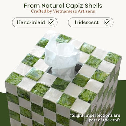 5.5" Capiz Checkered Square Tissue Box Cover, Pistachio Green | Handmade Decorative Tissue Holder With Capiz Shell Inlay, Cute Green Tissue Box Cover For Kleenex For Bathroom, Coffee Table