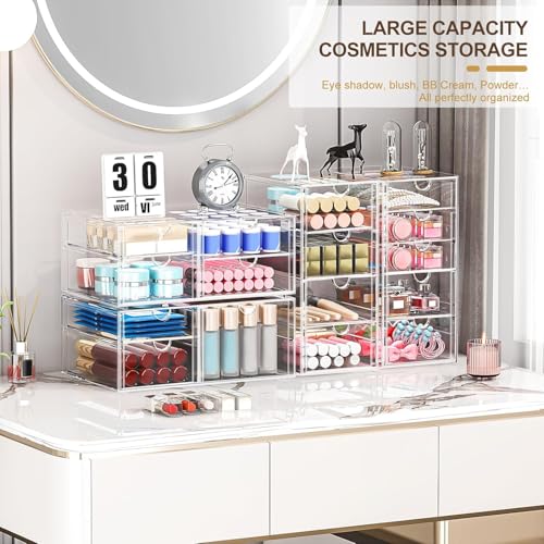 4-Pack Acrylic 16-Drawer Storage & Makeup Organizer for Desk | Smooth-glide drawers, clear acrylic, stackable, dustproof, wipe clean, for office supplies, pens, jewelry, makeup