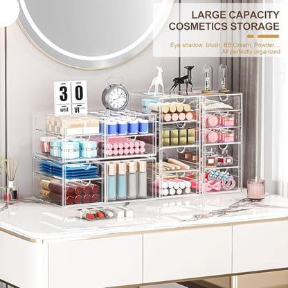 4-Pack Acrylic 16-Drawer Storage & Makeup Organizer for Desk | Smooth-glide drawers, clear acrylic, stackable, dustproof, wipe clean, for office supplies, pens, jewelry, makeup