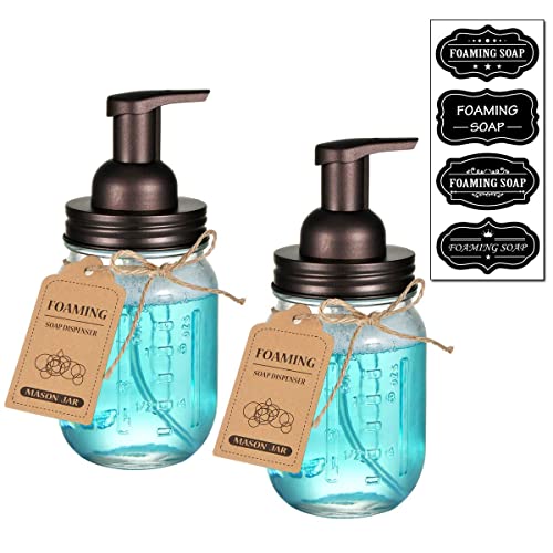 Amolliar Mason Jar Foaming Soap Dispenser, Glass Soap Bottle(Bronze 2 Pack) | Foam Soap Dispenser for Bathroom, Kitchen, Rustic Farmhouse Decor, Refillable Hand Soap Dispenser, Bathroom Accessories Set