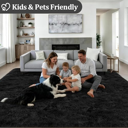 9x12 Area Rug Living Room Bedroom: Fluffy Plush Shag Carpet Black | For Kids Room Playroom Nursery Home Decor,Ultra Soft,Non-Slip Non-Shedding,Fuzzy Plush,Large Indoor Floor Carpet,Easy Clean