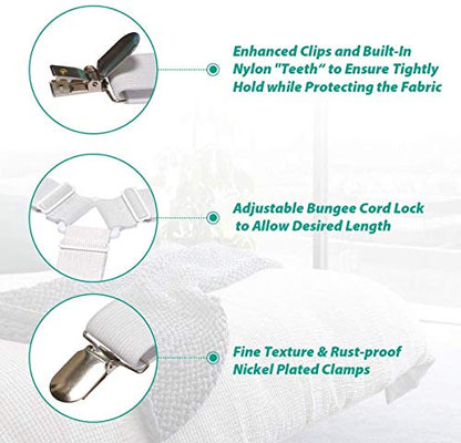 RayTour Bed Sheet Holder Straps Sheet Keepers Bedsheet Holders Fasteners 2 Sets | Eight adjustable three-clip holders secure two fitted sheets; wide elastic straps help keep each bed's four corners in place.