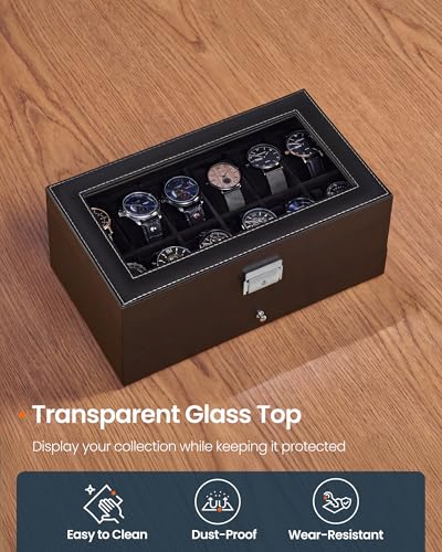SONGMICS HOME Watch Box, PU Watch Case Organizer with Glass Lid, Removable Pillows, Metal Clasp, 12 Slots, Black
