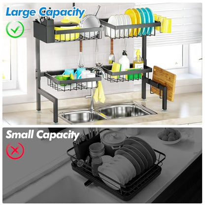 SNSLXH 4 Baskets 2-Tier Over The Sink Dish Drying Rack, 26.57"-35" | Large Dish Drying Rack for Kitchen, Extensible and Adjustable, Saving Kitchen Space