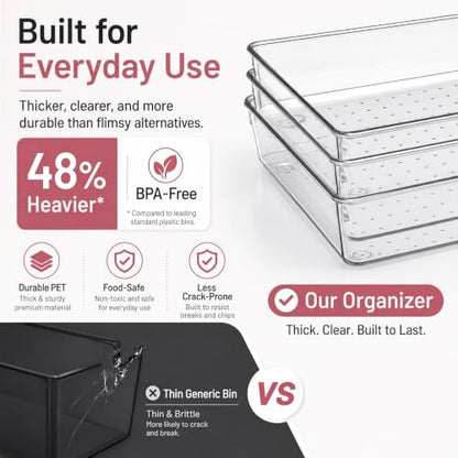 8 Pack Large Clear Plastic Drawer Organizer Bins - Acrylic Bathroom Drawer Organizer Trays - Heavy Duty Kitchen Drawer Dividers for Utensils - Non-Slip Storage Bins for Makeup, Bedroom, Office Desk