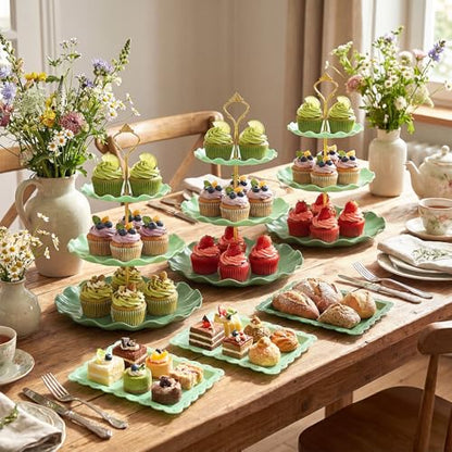 FoldTier 6 Pack Cupcake Stand Set 3 Pcs 3 Tier Gradient Dessert Table Display Stands Cookie Tray Rack 3 X14 in Rectangle Party Trays for Wedding Birthday Tea Party Baby Shower(Green,Round)