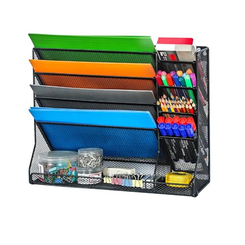 Jakyitvi Adjustable 5 Tiers Wall File Organizer Metal Hanging Holder Black | 5 tiers desk paper organizer, folder holder wall mount, mail organizer for home office, hanging document tray