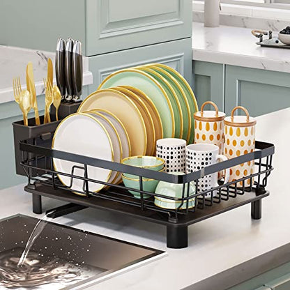 AIDERLY Metal Dish Drying Rack Automatic Drainage, Black, Large | Removable Cutlery Basket, Drainboard & Knife Slots, Dish Drainers, for Kitchen Counter Sink