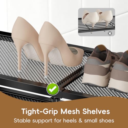 Retractable Shoe Rack, 2 Tier Heavy Duty Metal Mesh Shoe Organizer, Black