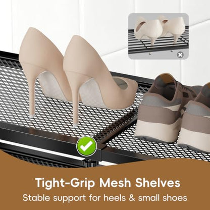 Retractable Shoe Rack, 2 Tier Heavy Duty Metal Mesh Shoe Organizer, Black