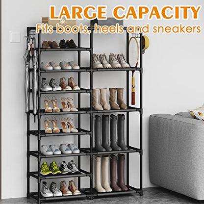 CSXGBAB Tall Garage Shoe Rack Large Capacity,Two Rows Versatile Hooks Storage Boot Shelf Black 24-35 Pairs