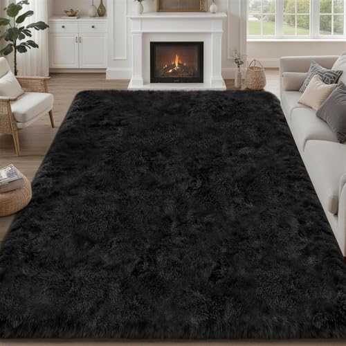 9x12 Area Rug Living Room Bedroom: Fluffy Plush Shag Carpet Black | For Kids Room Playroom Nursery Home Decor,Ultra Soft,Non-Slip Non-Shedding,Fuzzy Plush,Large Indoor Floor Carpet,Easy Clean