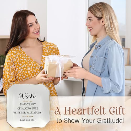 Sister Birthday Gifts for Women - 4"X4" Ceramic Jewelry Dish Tray | Sister Gifts, Ring Dish for Women, Gift For Sister, Gold Trim Design, Desk Vanity Decor, Polished Finish