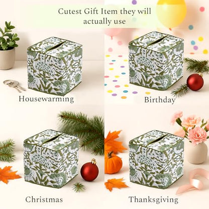 CPC Agate Green Hand Block Printed Cotton Tissue Box Cover 5" x 5" x 5.5" Square Soft Reusable Boho Napkin Holder for Home Kitchen Dining Bathroom Office Cafe Spa, Gift for Spring, Mother's Day