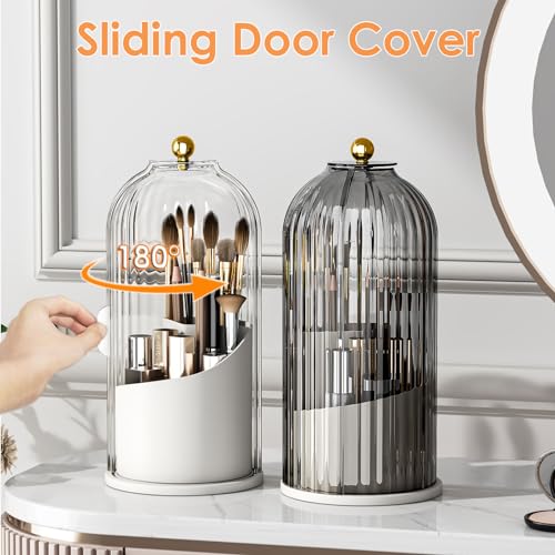 YOOLENS Makeup Brush Holder with Lid 360 Rotating Clear Dustproof Make Up Organizers for Vanity Bathroom Countertop, Transparent | with Lid