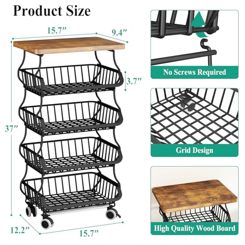 SAYZH 5-Tier Fruit and Vegetable Basket Stand for Kitchen, Wood Top, Black | Stackable Vegetable Storage Baskets with Wheel, Metal Wire Storage Carts for Onion, Potato and Snacks