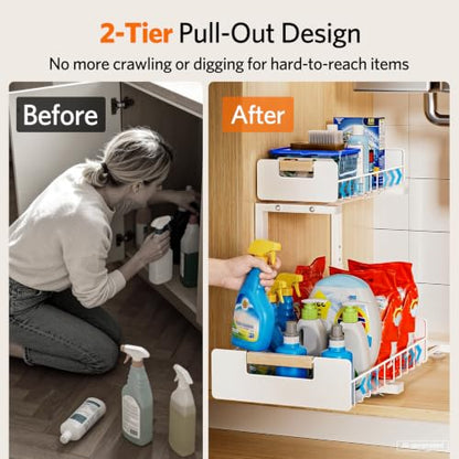 Delamu Under Sink Organizer Kitchen, 2-Tier Pull-Out Cabinet Shelf, 2-Pack | 2-Tier Smooth Slide, 5 Adjustable Heights, Anti-Tip Suction Cups, Sturdy Metal, For Kitchen Bathroom Pantry Laundry, White