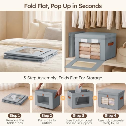 Storage Bins with Lids - Front Opening Storage Box with Clear Window & Handles, Stackable Foldable Fabric Bins for Closet Organization, Clothes, Sweaters, Towels, Blankets, 3 Pack, Grey