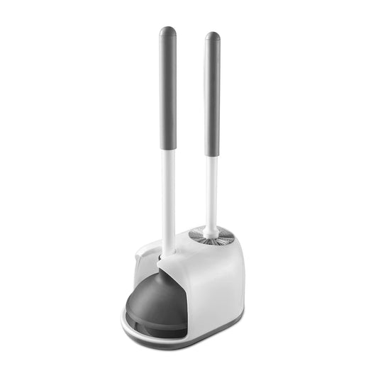 Toilet Plunger and Brush Set, 2-in-1 Compact Holde... (White & Grey | Nylon)