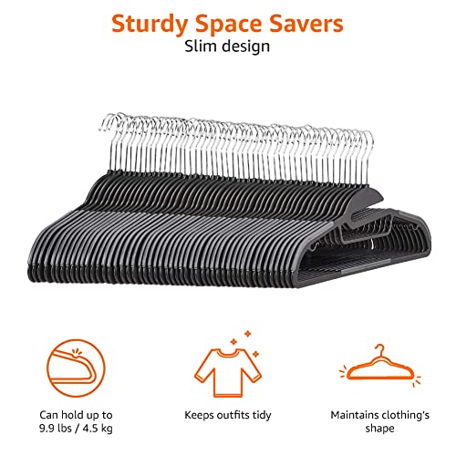 Amazon Basics Non-slip Heavy Duty Space Saving Plastic Hangers with Rubber and Horizontal Bar, Lightweight, Gray, Pack of 50