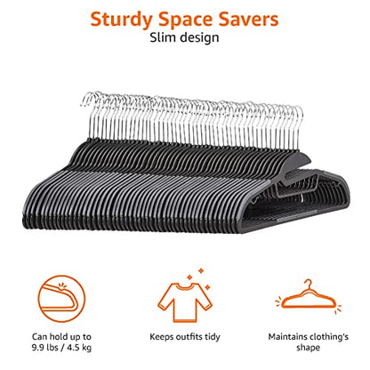 Amazon Basics Non-slip Heavy Duty Space Saving Plastic Hangers with Rubber and Horizontal Bar, Lightweight, Gray, Pack of 50