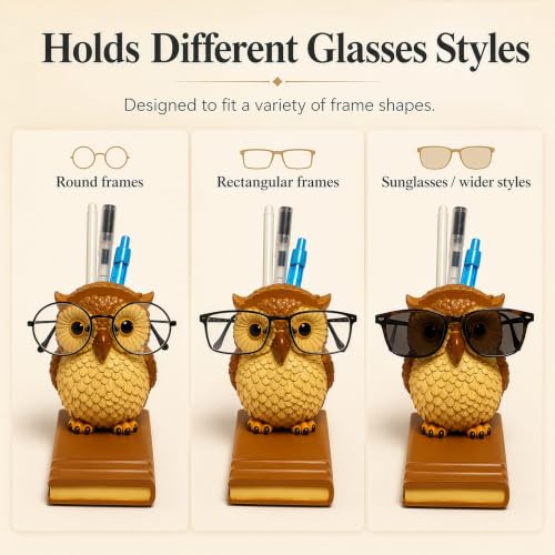 Owly Mate Owl Eyeglass Holder for Nightstand and Desk, Cute Glasses Holder with Phone Stand and Pen Holder, 3-in-1 Desk Organizer for Glasses, Phone & Pens - Gift for Owl Lovers