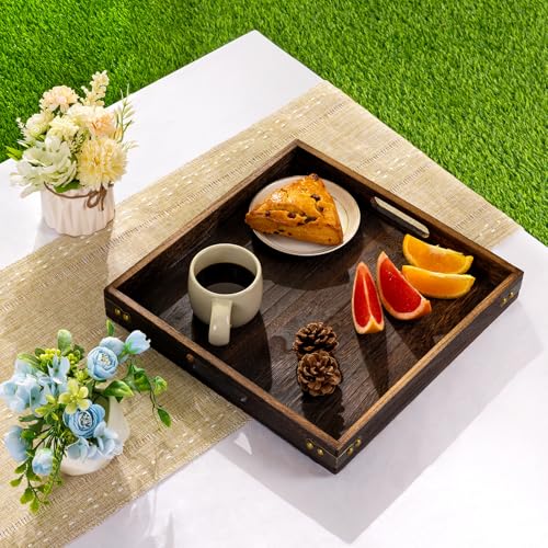 Serving Tray with Handles,Wood Decorative Tray,Square Large Serving Platter | 12.75"Wood Tray for Living Room,Modern Coffee Table Tray | Candle Holder Tray,Ottoman tray for Bed,Kitchen,Bathroom,Breakfast