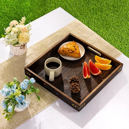 Serving Tray with Handles,Wood Decorative Tray,Square Large Serving Platter | 12.75"Wood Tray for Living Room,Modern Coffee Table Tray | Candle Holder Tray,Ottoman tray for Bed,Kitchen,Bathroom,Breakfast
