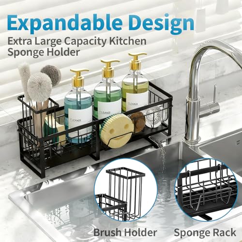 Extra Large Extendable Sponge Holder for Kitchen Sink Caddy Organizer | Rustproof Sink Caddy Organizer with High Brush Holder, Dish Soap Dispenser Organizers and Storage (Black)