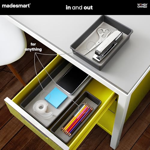 madesmart Classic 3 Bin Drawer Organizer Set, Granite | non slip feet, rounded corners, modular layout, mixed sizes, custom fit, office craft supplies, makeup tools, woman owned