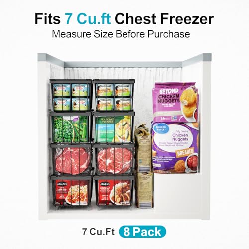 Freezer Organizer Bins - Small Storage Baskets for 7 Cu.Ft, 4 Pack | Easy Access Handles, Stackable Deep Freezer Wire Baskets, Vertical Space Sorts for Frozen Meat, Vegetable and Bagged Items
