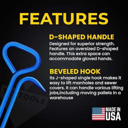 T&T Tools 36-Inch Manhole Cover Hook Tool - 5/8 Inch, Single Hook - 1 Pack | Hex Alloy Steel Construction, Heat Treated, Heavy Duty Lifting, Septic Tank Lids, Grates, Storm Drains, Pallet Pulling, Blue