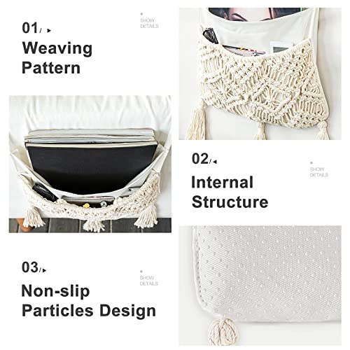 Mkono Macrame Armchair Caddy, Boho Couch Armrest Organizer, 4 Pockets Beige | Sofa Bedside Caddy, Remote Control Magazine Phone Holder, Living Room Bedroom Dorm, Boho Decor, Space-Saving Storage