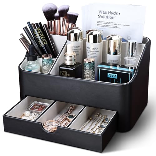 Desk Organizer with Drawer, Multifunction Pencil Holder for Desk, Desk Organizer and Accessories 5 Compartments for Home Office Supplies (Black)
