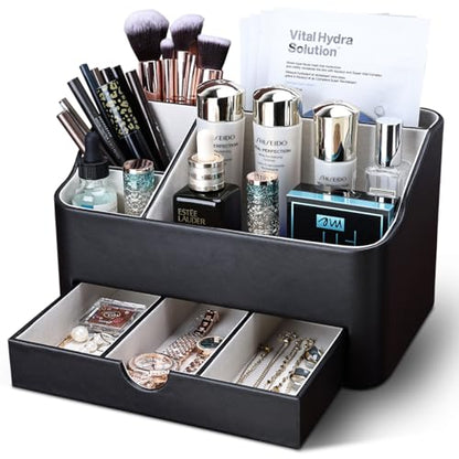 Desk Organizer with Drawer, Multifunction Pencil Holder for Desk, Desk Organizer and Accessories 5 Compartments for Home Office Supplies (Black)