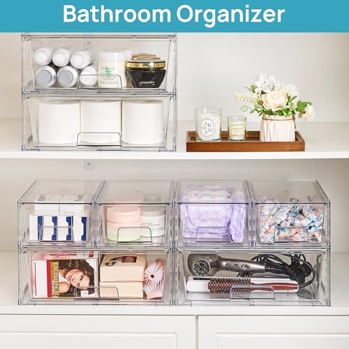 Vtopmart Clear Stackable Storage Drawers, 3 Pack Wide Organizer Set | Wide and Small Pull-Out PET Drawers with Stackable Design for Bathroom Organization, Cabinets, Closets, Pantry and Medicine