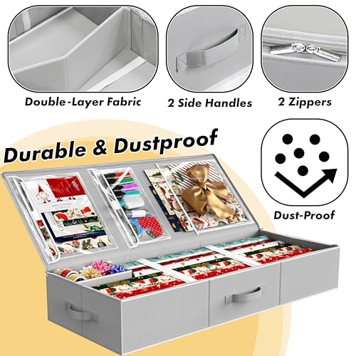 Simple Houseware 41.5" Wrapping Paper Organizer, Fits 40 Rolls, Gray | Adjustable Straps, Interior Divider for Ribbons & Bows, 3 Clear Pockets for Gift Bags & Tools, 41.5"L x 16"W