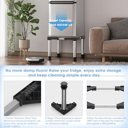 Mini Fridge Stand Adjustable Height 13"-14.2" for 22"-27.6" Appliance Black | Refrigerator Washing Machine Base with 4 Strong Feet Anti-Vibration Washer Dryer Stand Universal Laundry Pedestal Load 440LB